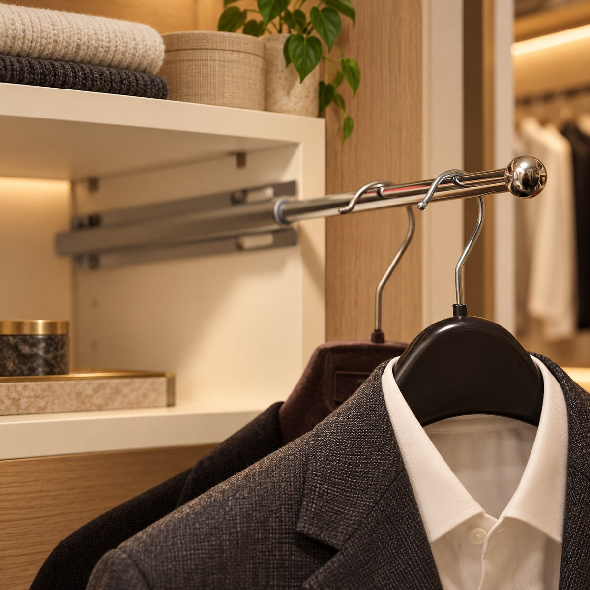 Chrome valet rod in a closet