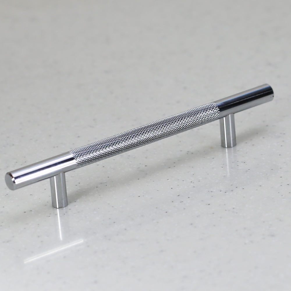 Polished Chrome Diamond Cut Knurled Euro Style Bar Handle Pull - 128mm Hole Centers, 7-3/4&quot;&quot; Overall Length
